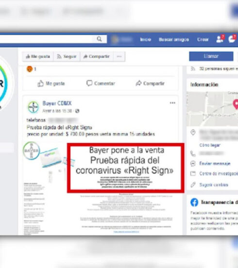 Detectan página falsa de laboratorio Bayer en Facebook que ofrecía en México pruebas de detección rápida de coronavirus